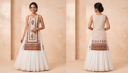 White Floral Printed Anarkali One Piece Dress