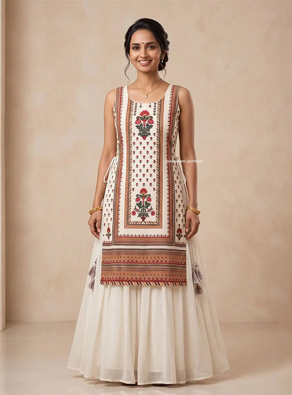 White Floral Printed Anarkali One Piece Dress