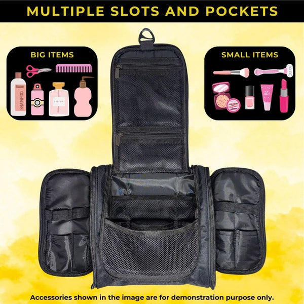 Black travel organizer with compartments for big and small items, outer woods