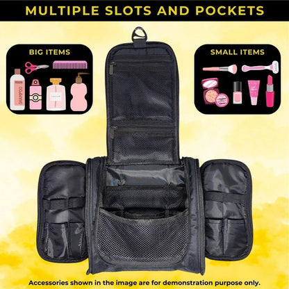 Black travel organizer with compartments for big and small items, outer woods