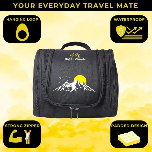 Black toiletry bag with mountain design