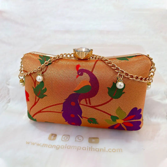 Decorative clutch bag with peacock design, mangalam paithani clutch purse