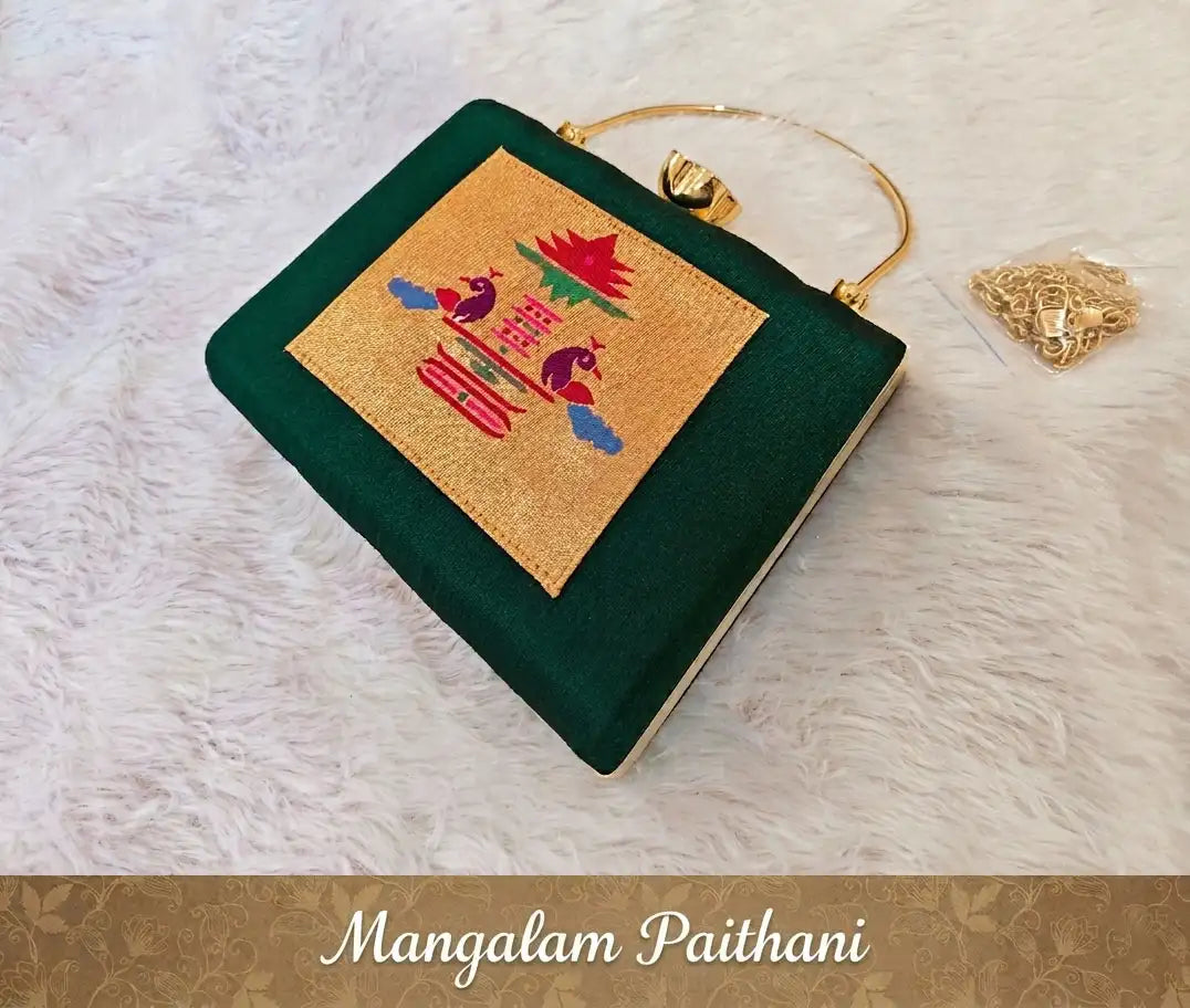 Designer Paithani handbag with detachable chain