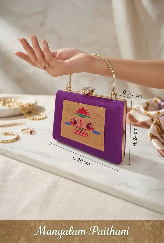 Mangalam Paithani handbag with gold handle