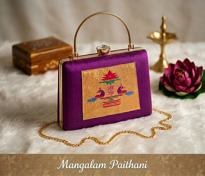 Purple Paithani clutch with traditional design