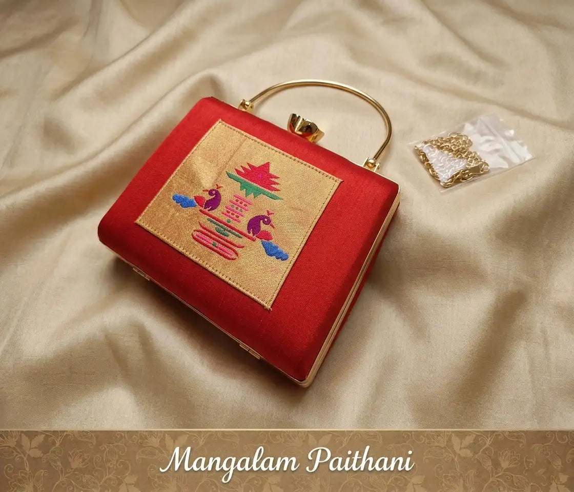 Red Paithani clutch with traditional design