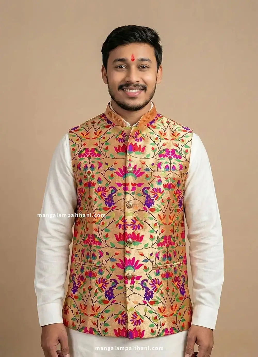 Nehru Jacket for men with peacock design front view mens paithani jacket mangalam paithani wear
