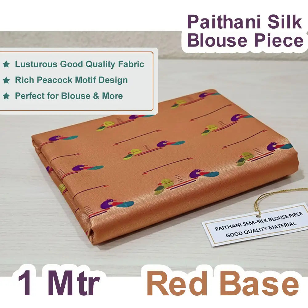 Paithani Silk Blouse Piece with peacock motif on a red base